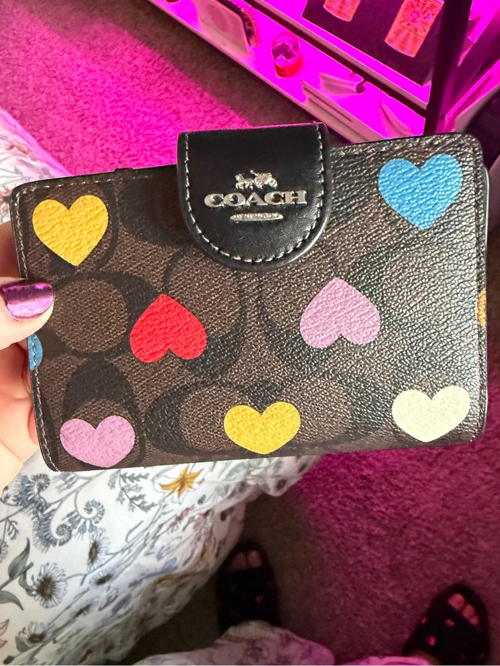 Coach Brown Signature Compact Wallet with Multicolor Heart Accents